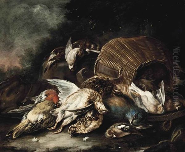 Quail, Finches And A Jay With A Wicker Basket In A Landscape Oil Painting by Baldassare De Caro