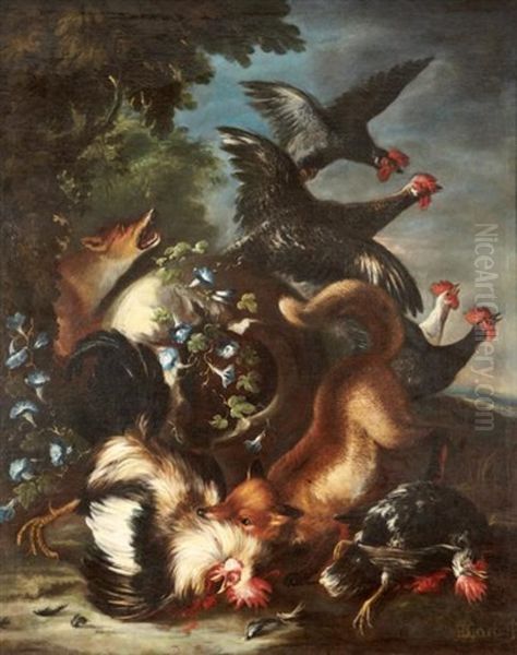 Renard Attaquant Des Coqs Oil Painting by Baldassare De Caro