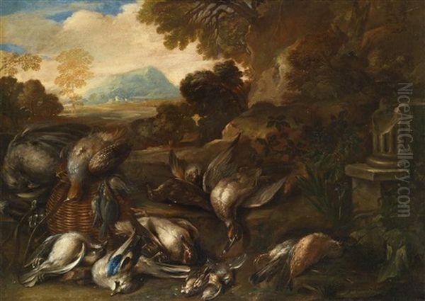 Jagdutensilien Und Erlegtes Wild In Einer Weiten Landschaft Mit Einem Saulenstumpf Oil Painting by Baldassare De Caro