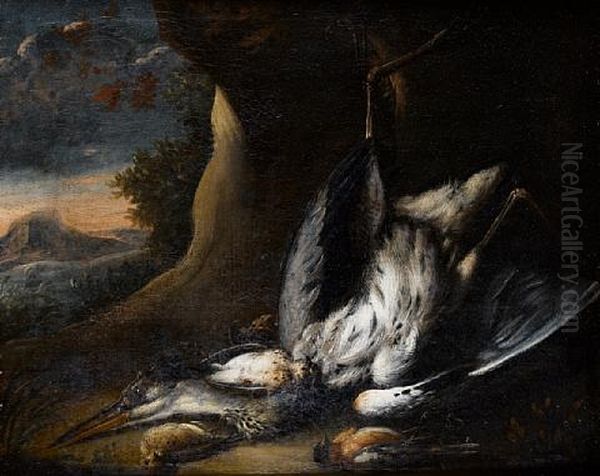 A Dead Crane And Other Birds Before An Open Landscape Oil Painting by Baldassare De Caro