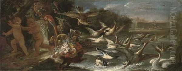 An Eagle Attacking Ducks In A Pond With Putti Escaping In An Italianate Garden (+ A Hunting Still Life With A Deer, A Rabbit, Ducks And Other Game In A River Landscape With Hunters Resting With Their Oil Painting by Baldassare De Caro