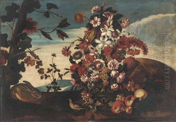 A Landscape With A Vase Of Mixed Flowers, A Rabbit And A Bird In A Clearing Oil Painting by Baldassare De Caro