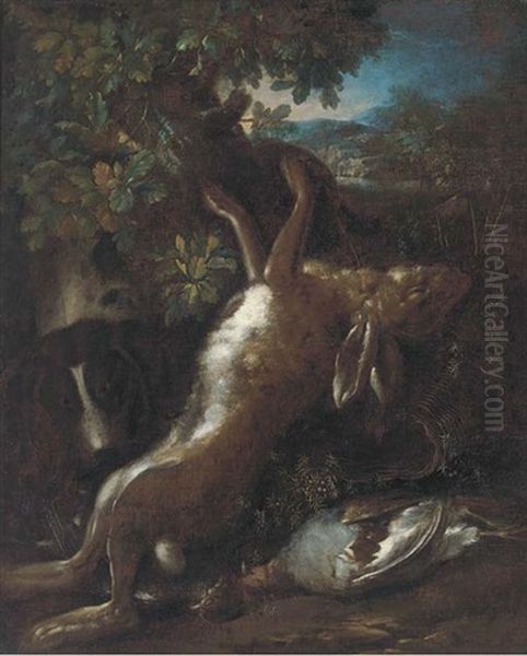 A Wooded Clearing With A Dog By Trophies Of The Chase by Baldassare De Caro