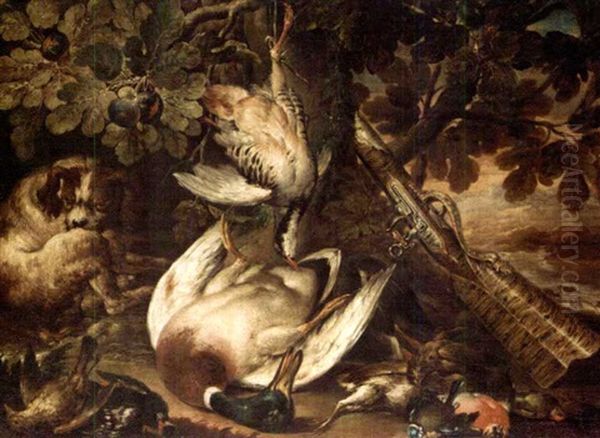 A Spaniel Guarding Over A Duck, A Partridge And Smallbirds, Together With A Musket Resting Against A Tree Oil Painting by Baldassare De Caro