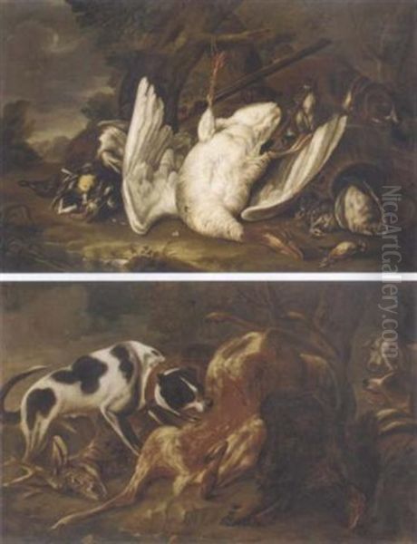 A Dead Goose, Duck, And Other Birds In A Wooded Clearing, With A Dog And A Musket Oil Painting by Baldassare De Caro