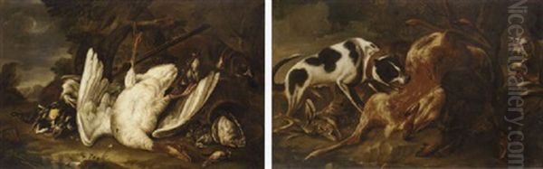 A Dead Goose, Duck And Other Birds In A Wooded Clearing, With A Dog And A Musket Oil Painting by Baldassare De Caro