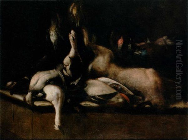 A Hare And Game On A Stone Ledge, Dead Song Birds Hanging Above Oil Painting by Baldassare De Caro