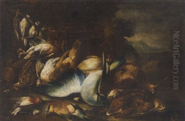 A Still Life Of Woodcock And Other Birds In A Landscape Oil Painting by Baldassare De Caro