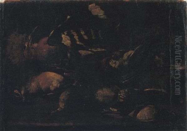 Upupa, Pavoncella, Pettirosso E Altri Uccelli Su Un Piano Di Pietra Oil Painting by Baldassare De Caro