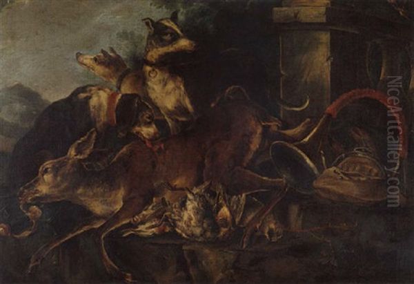 Still Life With Hounds, A Stag, Partridges And Other Game, With A Hunting Horn In A Parkland Landscape Oil Painting by Baldassare De Caro