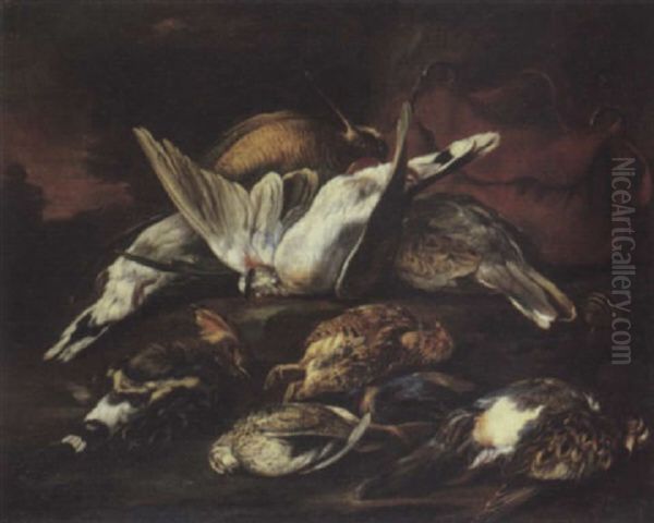 A Hunting Still Life With Dead Birds And A Satchel In A Landscape Oil Painting by Baldassare De Caro