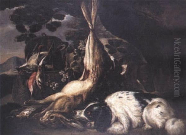 Nature Morte D'oiseaux, Lievre Et Chien Dans Un Sous-bois Oil Painting by Baldassare De Caro