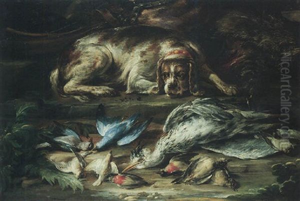 A Still Life With A Hound Guarding Over A Wild Boar, A Heron And Songbirds, Together With A Musket And Shot Nearby Oil Painting by Baldassare De Caro