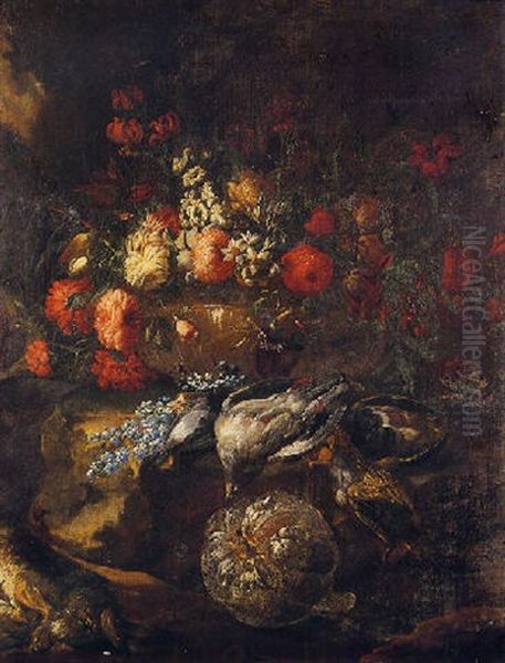 Nature Morte Au Lievre Et Bouquet De Fleurs Oil Painting by Baldassare De Caro