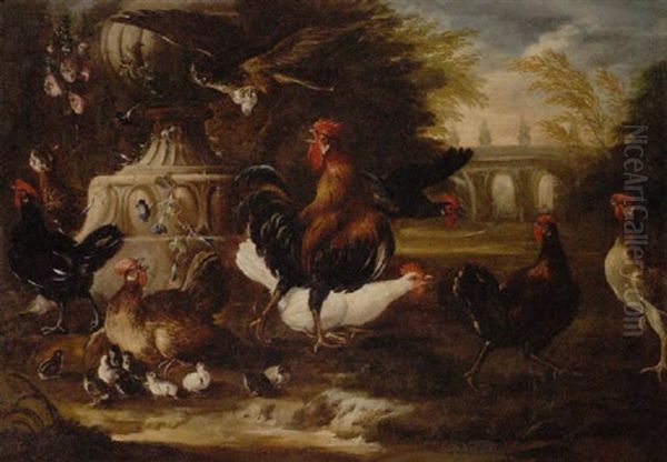 Geflugelhof, Bedroht Von Einem Raubvogel, Der Schon Ein Kuken Gerissen Hat Oil Painting by Baldassare De Caro