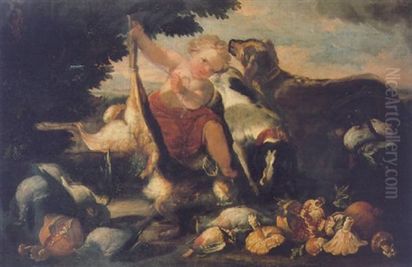 A Cherub And Hounds Amid Dead Game In A Landscape Oil Painting by Baldassare De Caro