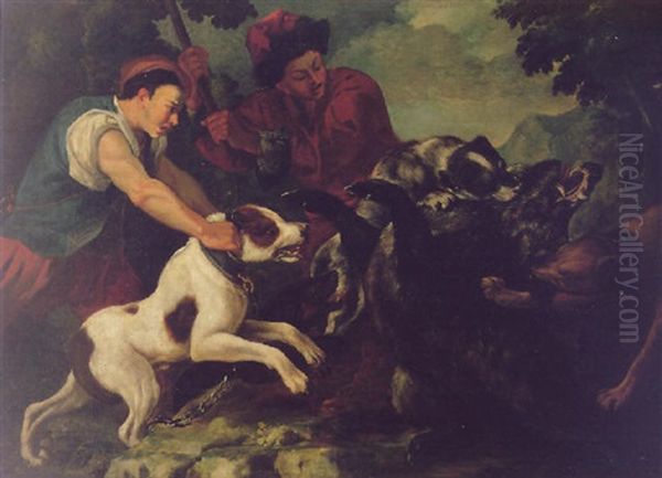 A Huntsman And His Hounds At The Kill Of A Wild Boer Oil Painting by Baldassare De Caro