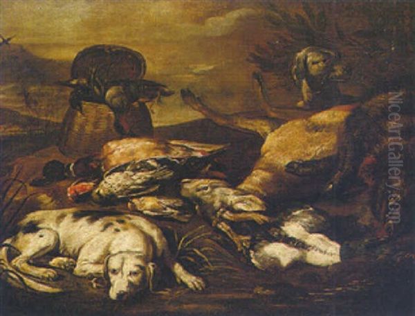 A Landscape With A Still Life Of Game And Dogs Resting Oil Painting by Baldassare De Caro