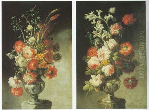 Still Life Of Various Flowers In Pewter Vases, On Stone Pedestals Oil Painting by Baldassare De Caro