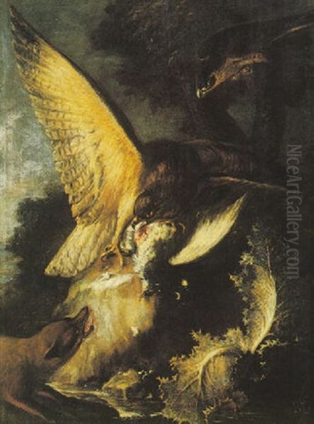 An Eagle Devouring Its Prey In A Landscape Oil Painting by Baldassare De Caro