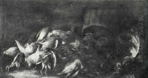 Still Life With Serpent, Snail, Frog And Fowl In Basket Oil Painting by Baldassare De Caro