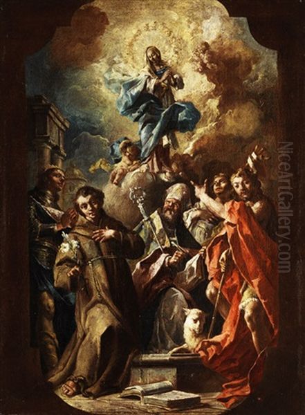 Maria Immaculata In Wolken Uber Einer Gruppe Von Heiligen Oil Painting by Lorenzo De Caro