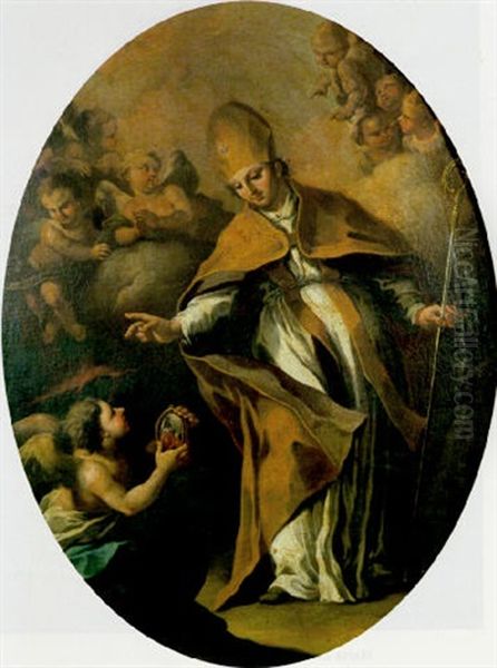 St. Januarius With An Angel Holding A Phial Oil Painting by Lorenzo De Caro