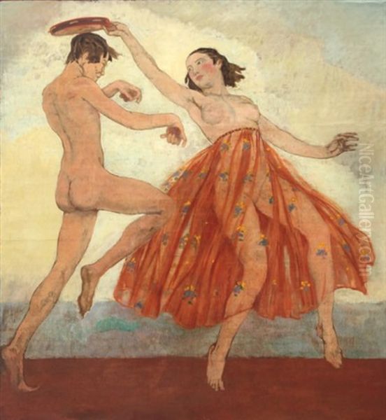 Couple De Danseurs Aux Tambourins Et Aux Cymables Oil Painting by Henry Caro-Delvaille