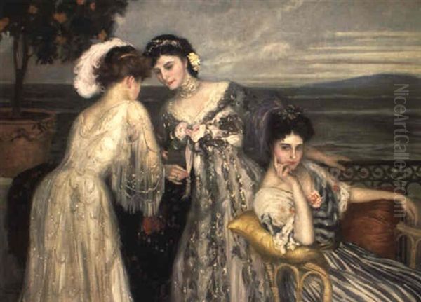 Les Trois Elegantes En Robe Du Soir Sur Une Terrasse Oil Painting by Henry Caro-Delvaille