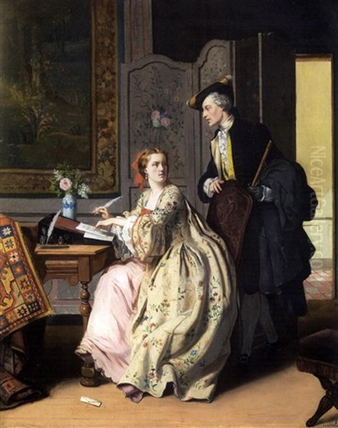 Scene D'interieur - L'indiscret Oil Painting by Jean Carolus