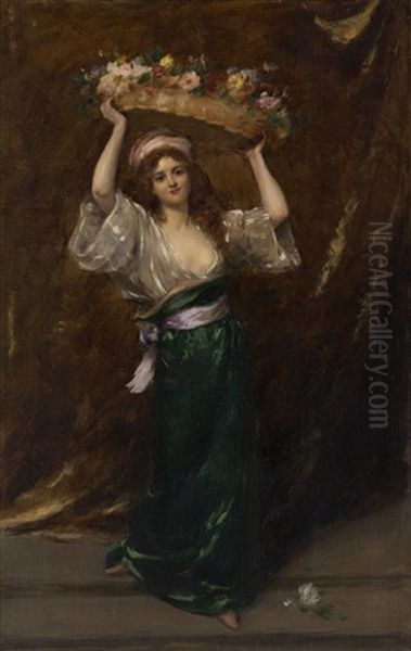 Lady With Flower Basket Oil Painting by  Carolus-Duran