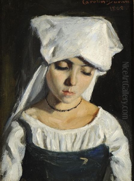 Head And Shoulders Portrait Of A Young Girl Wearing A White Cap And Blue Dress Oil Painting by  Carolus-Duran