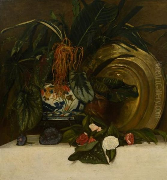 Nature Morte A La Dinanderie, Vase En Imari Et Jete De Roses Oil Painting by  Carolus-Duran