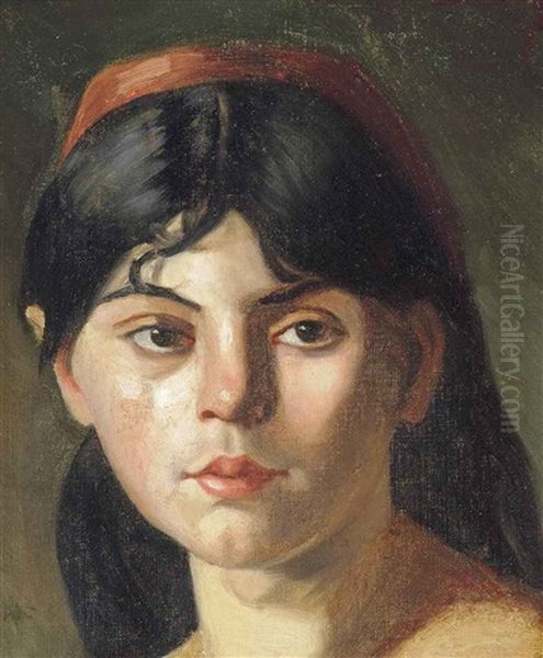 Portrait Of A Girl, Shoulder Length, With A Red Headband Oil Painting by  Carolus-Duran