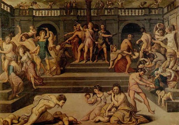 Le Massacre Des Innocents Dans La Cour Du Palais D'herode Oil Painting by Antoine Caron