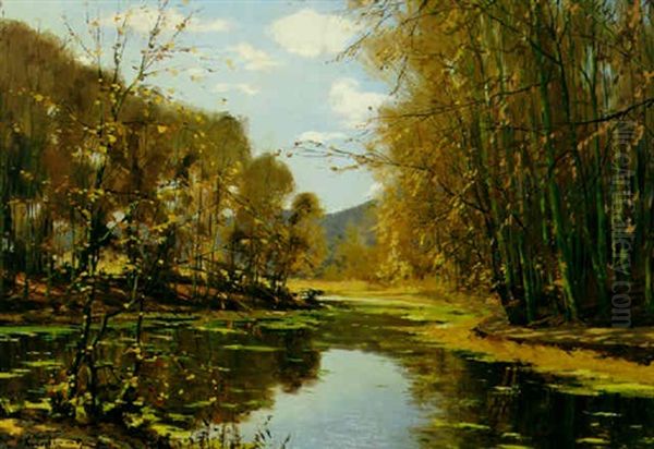 An Autumnal Landscape With A Lake In The Foreground Oil Painting by Louis Caron