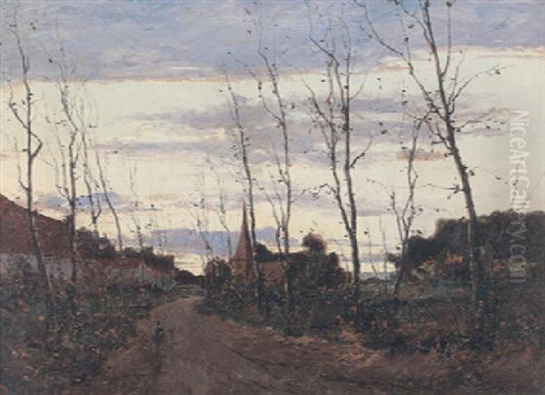 A Winter Landscape With A Figure On A Path Through A Village Oil Painting by Louis Jules Gustave Caron