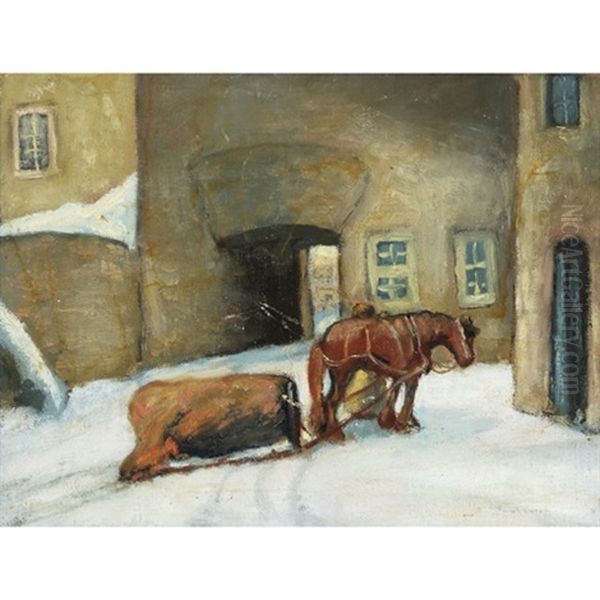 Horse And Sleigh In Village Oil Painting by Paul Archibald Octave Caron