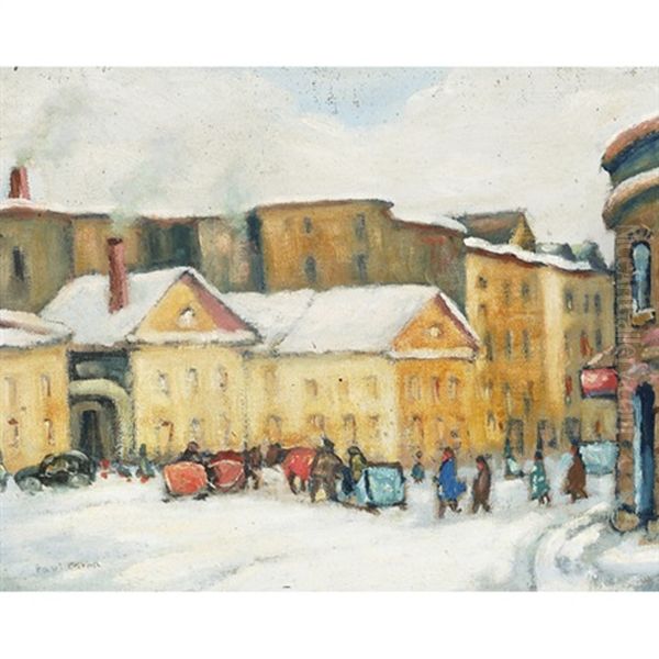 Town Square, Winter Oil Painting by Paul Archibald Octave Caron