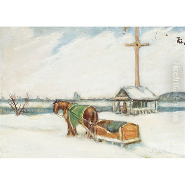 Horse Pulling Sleigh Oil Painting by Paul Archibald Octave Caron