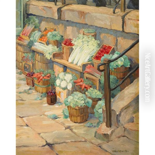 A Fruit And Vegetable Stall, Bonsecours Market, Montreal Oil Painting by Paul Archibald Octave Caron