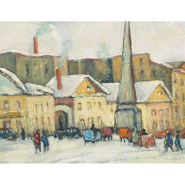 Horses And Sleighs At Rest In A City Square, Winter Oil Painting by Paul Archibald Octave Caron