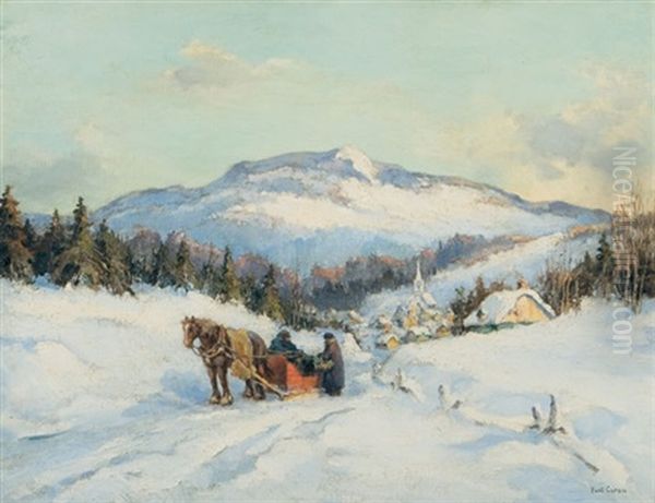 Tres Bon Marche! St. Jovite P.q. (with Mount Tremblant In Distance) Oil Painting by Paul Archibald Octave Caron