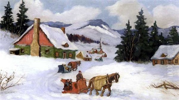 Winter Sleigh Ride (+ Champigny En Mars, Insc.; 2 Works) Oil Painting by Paul Archibald Octave Caron