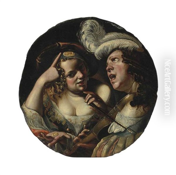 A Woman With Coins And A Man Making Music And Singing Oil Painting by Angelo Caroselli