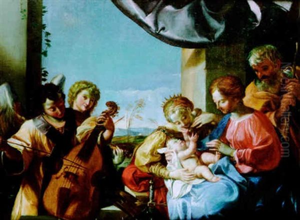 The Holy Family With St. Catherine And Angel Musicians Oil Painting by Angelo Caroselli