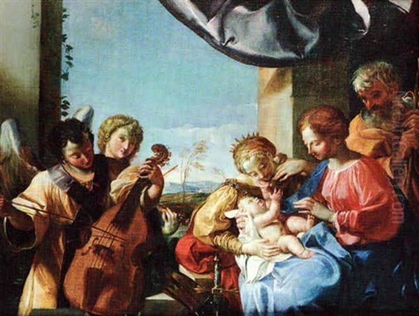 The Holy Family With St Catherine And Angel Musicians Oil Painting by Angelo Caroselli