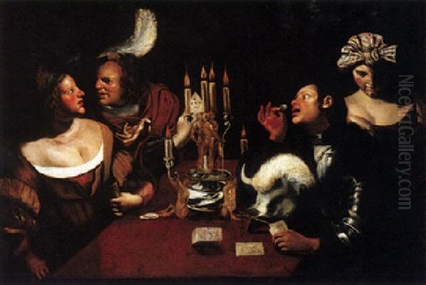 Four Gamblers Playing Cards By Candlelight Around A Table Oil Painting by Angelo Caroselli