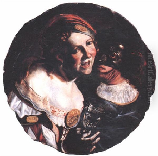 A Couple In Masquerade Costume Oil Painting by Angelo Caroselli