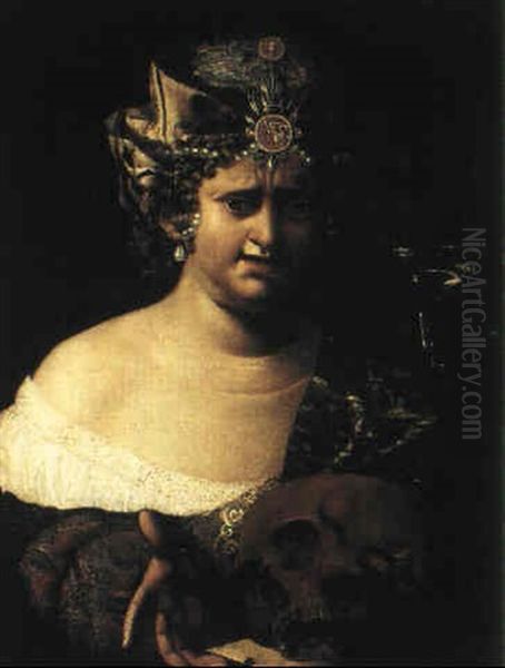 Donna Con Calice (vanitas) Oil Painting by Angelo Caroselli